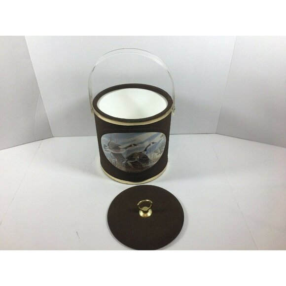 Vintage Norman R Wamer Ice Bucket Geese Birds In Flight Bar Suede Plastic MCM - Picture 2 of 12